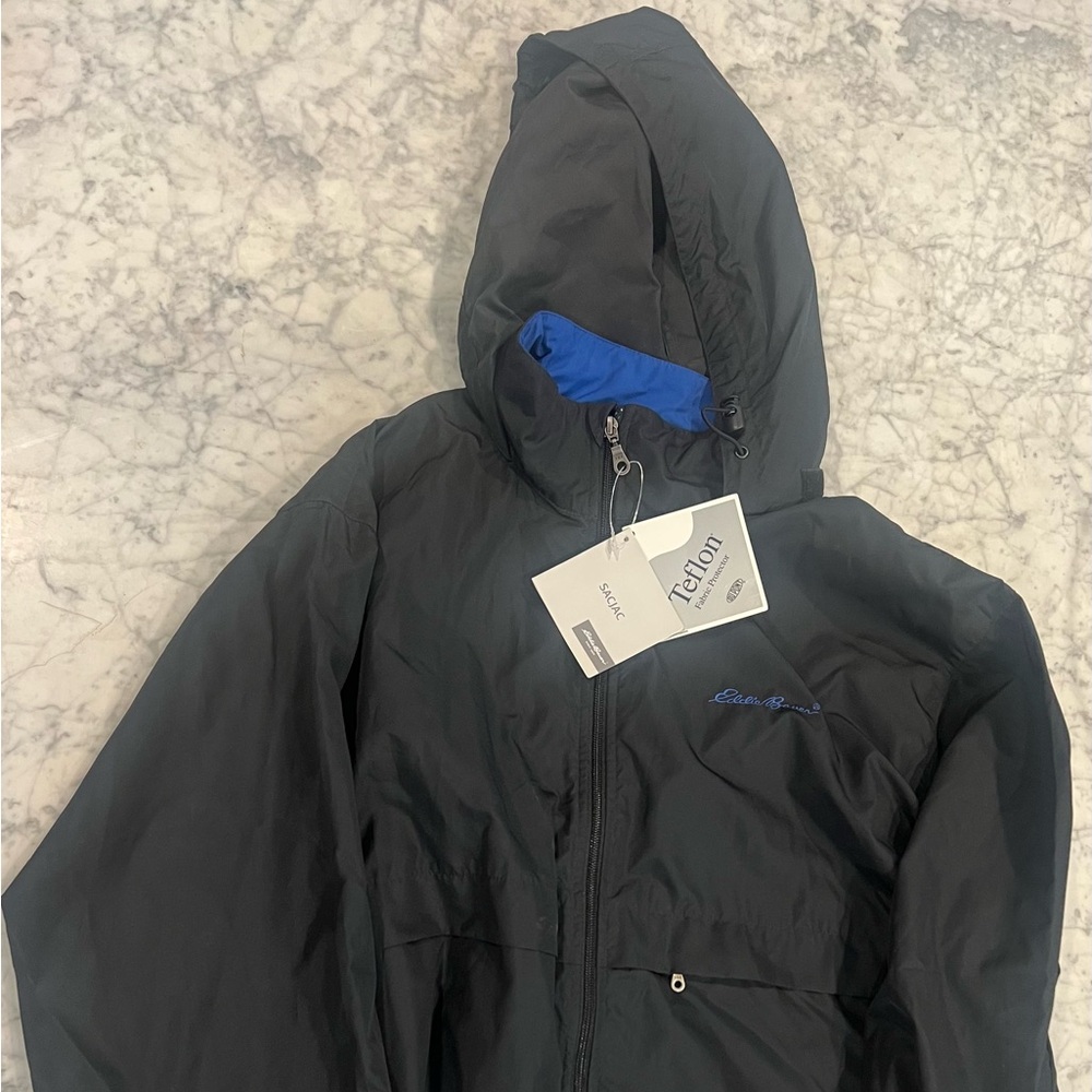 NWT Eddie Bauer Mens Black Packable Windbreaker with Hood - Large